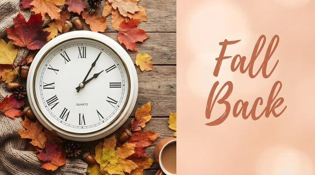 Autumnal still life with vintage clock and colorful fall leaves announcing daylight savings time