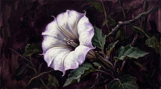 White moonflower bloom showcased with thick textured oil paint strokes on a dark purple canvas background