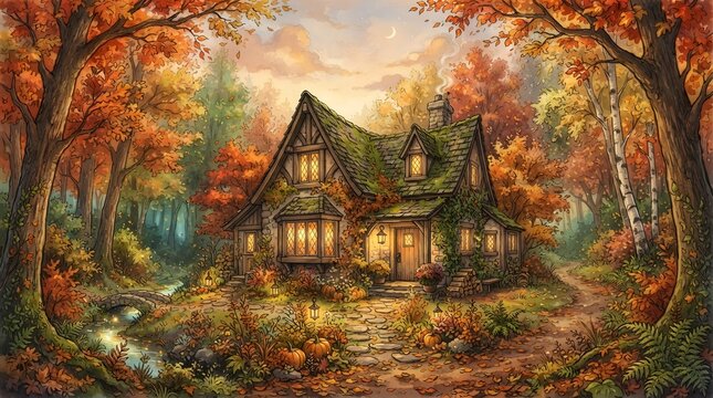 Whimsical cottage nestled in a vibrant autumn forest with glowing windows and warm light
