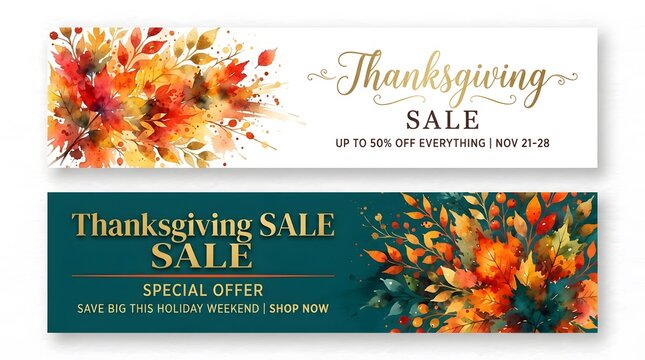 Thanksgiving sale banner designs with watercolor floral backgrounds and elegant typography