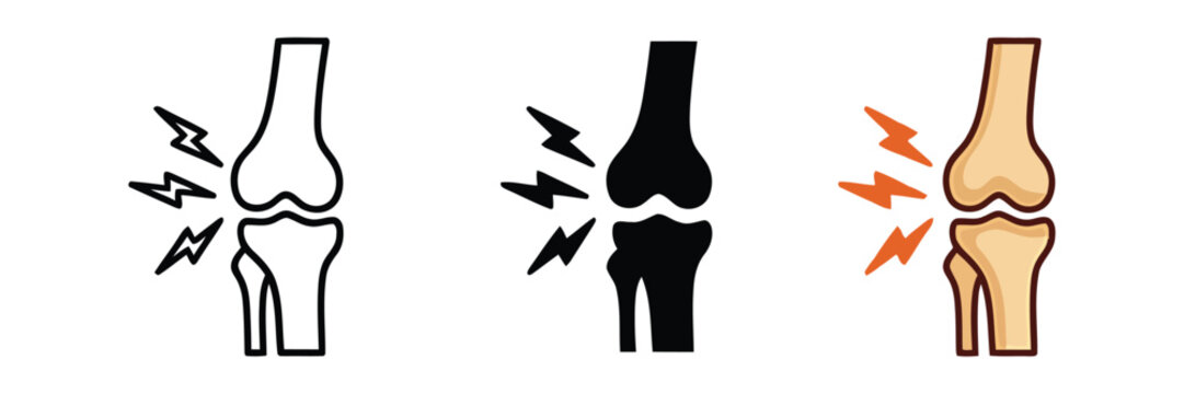 Knee joint pain illustration collection. Medical knee injury icons showing discomfort, inflammation, bone problems, arthritis, physical therapy, healthcare, and orthopedic diagnosis.