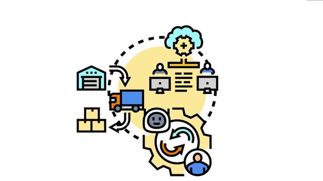 Logistics network collaborators connecting remotely through cloud technology, managing warehouse operations, product transportation, and process optimization within a complex supply chain system