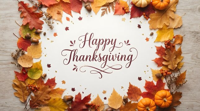 Happy thanksgiving message surrounded by colorful autumn leaves on a rustic wood background