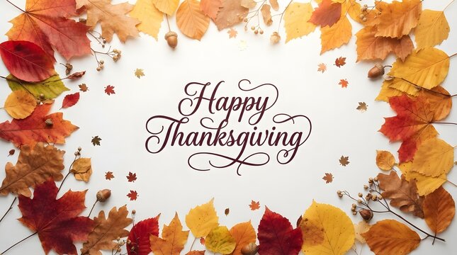 Festive thanksgiving day greeting with colorful autumn leaves and elegant calligraphy