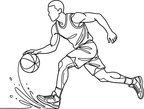 Outline vector illustration of a basketball player dribbling the ball on a wet surface.