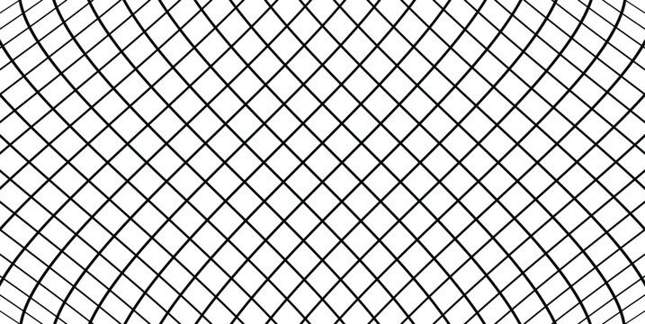 Black geometric diagonal grid mesh pattern over a clean white background. Seamless abstract grid lines for modern graphic design, textures, and backgrounds.