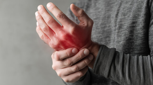 Close-up of a person holding a painful wrist with visible redness, representing wrist injury, joint inflammation, arthritis, overuse and musculoskeletal discomfort.