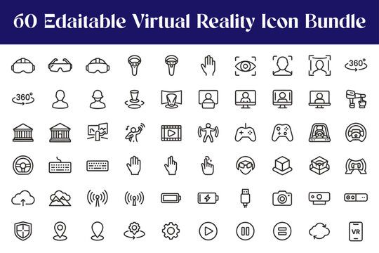 60 Editable Virtual Reality Icon Bundle: A comprehensive collection of outline icons representing virtual reality, augmented reality, gaming, and technology elements.