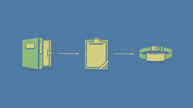 Protocol filing and enrolment records open successive clinical trial phase gates, moving the participant through a controlled workflow. Flat 3D style with a halftone dot screen.