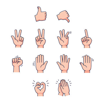 Hand Gesture Icon Set, Thumbs Up, Peace, OK and Waving Flat Vector Symbols