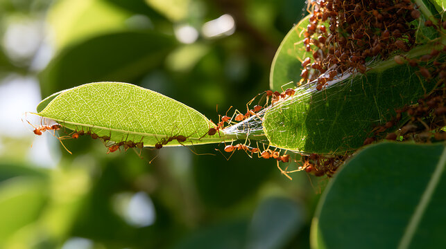 Weaver ants Oecophylla smaragdina collaborate to build nest on green tree leaves in wildlife habitat showcasing insect cooperation process