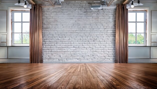 large empty studio dance room with wooden floor brick wall large windows