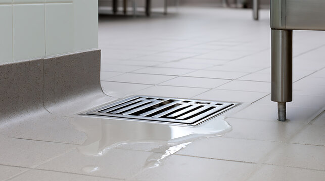 Commercial kitchen floor drain overflowing with water on white tile surface showing plumbing failure incident in restaurant facility interior