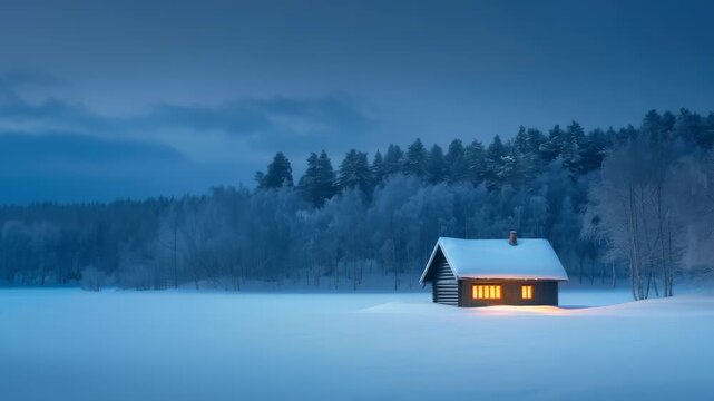 Isolated wooden cabin in a serene snowy field at dusk. The warm lights in the windows contrast with the cool blue tones of the landscape and the snow-covered trees in the background.