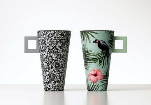 Two tall mugs, one with a busy pattern, the other with a tropical bird and flower