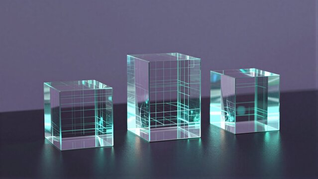 Three transparent glass cubes displaying abstract digital or holographic geometric patterns.