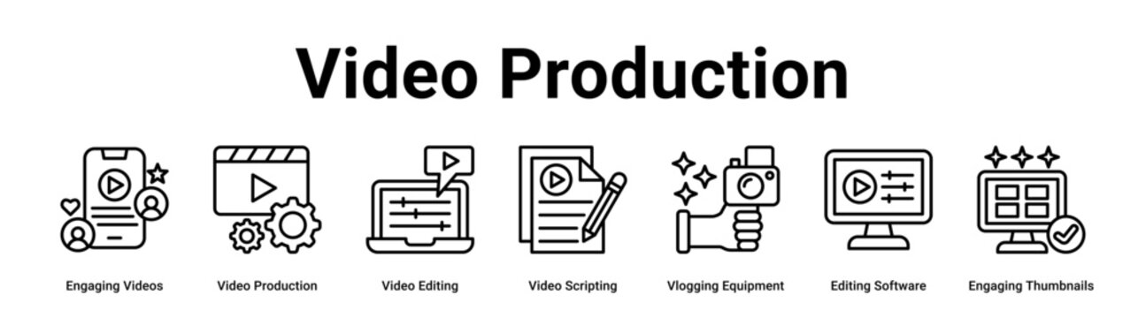Video Production web banner icon vector illustration concept for business with icon of Engaging Videos, Video Production, Video Editing, Video Scripting, Vlogging Equipment, Editing Software,.