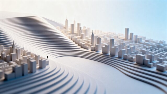 Miniature cityscape on undulating terrain