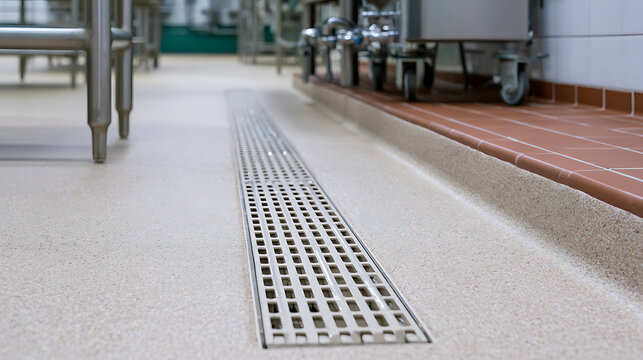 Industrial kitchen floor drain made of stainless steel grate installed in a modern commercial food production facility with tile baseboard