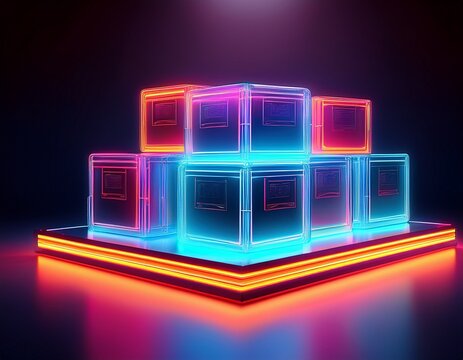 neon generic product boxes on dark launch platform