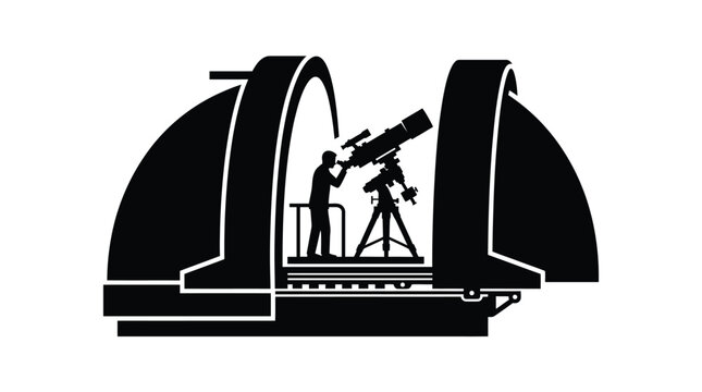 Silhouette of an astronomer using a large telescope inside an observatory dome vector graphic design illustration
