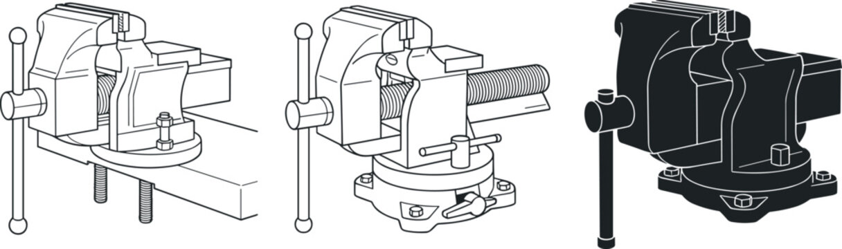 Bench vise vector set featuring metal workshop clamps and heavy duty tool equipment for industrial design