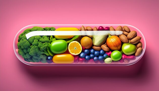 script of multi colored fruits vegetables and nuts inside a capsule on a pink background conceptual print for healthy eating vitamins or fitness