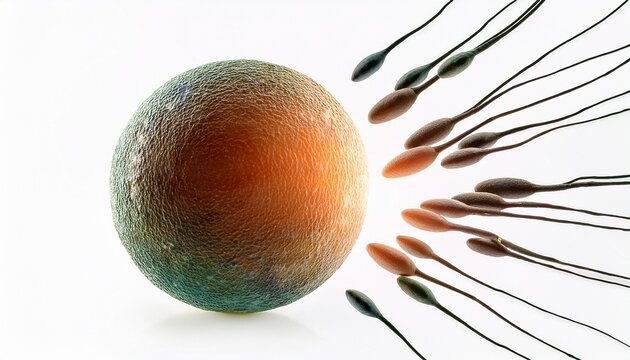 sperm cells approaching an egg cell biology reproduction isolated on a white background