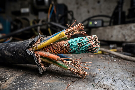 Detailed Macro View of Intertwined Twisted Pair Copper Wire Exposed and Oxidized