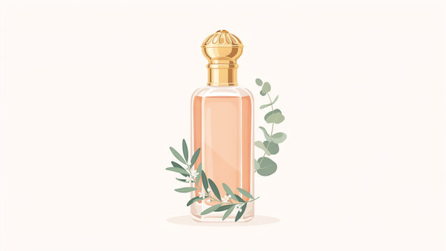 Elegant perfume bottle with golden cap surrounded by delicate eucalyptus and greenery on transparent background