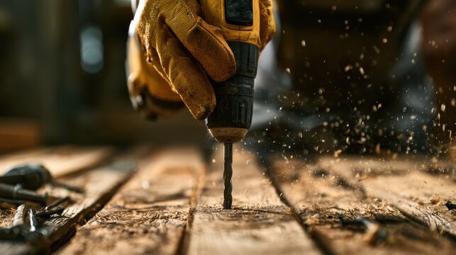 Close-Up of a Worker Using a Drill to Create a Hole in a Wooden Surface in a Bright Workshop with Tools and Sawdust Surrounding the Area