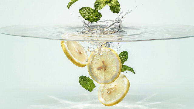 Fresh lemon slices mint leaves falling into clear water with refreshing splash effect