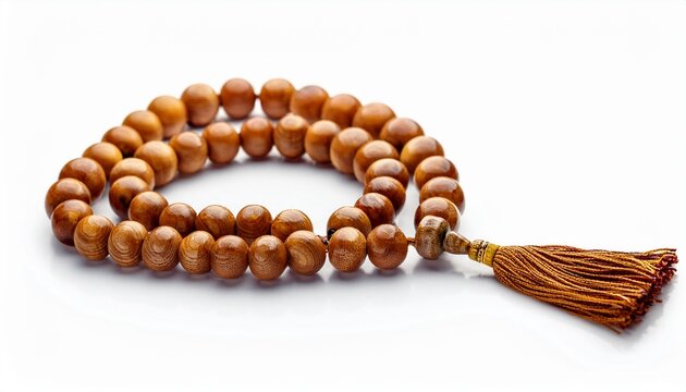 wooden islamic prayer beads tasbih or misbaha with tassel isolated on white background
