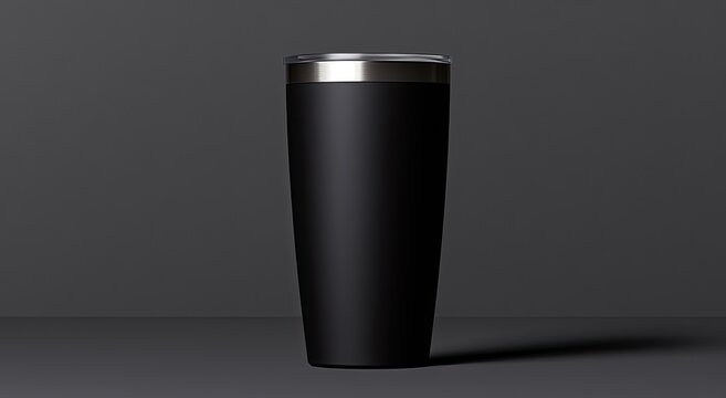 Sleek, matte black tumbler with silver lid stands against dark background