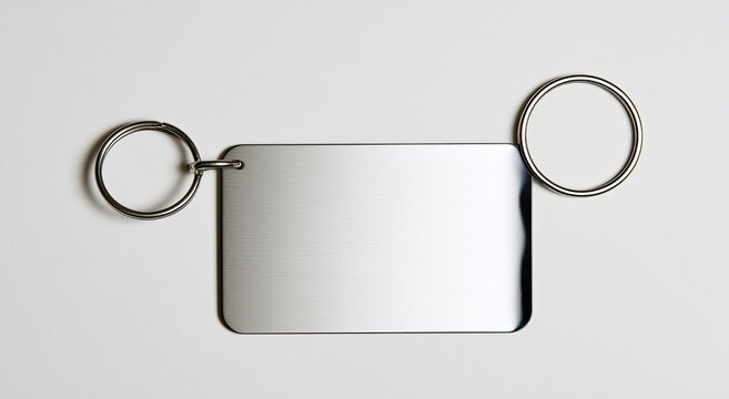 Blank rectangular metal fob attached to two separate silver key rings
