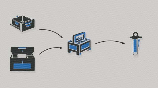 Finished samples converge into one archive box for locator tagging and long-term retention in a freezer drawer. Flat 3D style with a printed line screen.