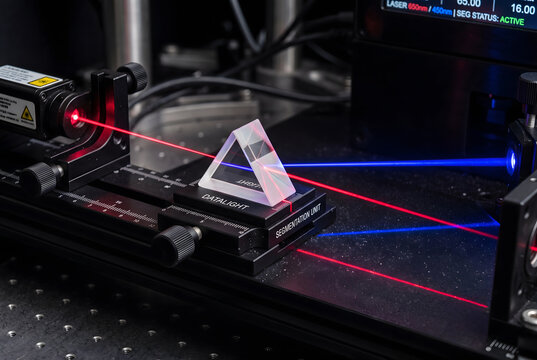 Macro View of Prism Splitting a Coherent White Laser Beam into Binary Colored Streaks