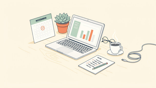 Illustrated workspace setup featuring laptop calendar plant coffee cup and todo list on transparent background