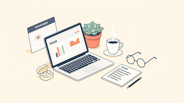 Illustrated workspace setup featuring laptop with focus chart and todo list on transparent background
