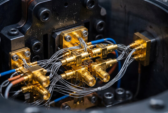 Macro Shot of Pure Gold Coaxial Couplers Inside Cryogenic Dilution Refrigerator
