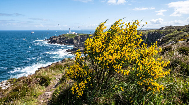 Bright yellow gorse flowers blooming on a coastal cliff path overlooking a distant white lighthouse tower