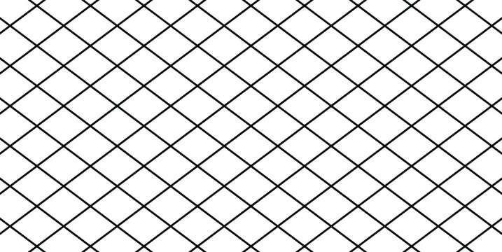 Black geometric diagonal grid mesh pattern over a clean white background. Seamless abstract grid lines for modern graphic design, textures, and backgrounds.