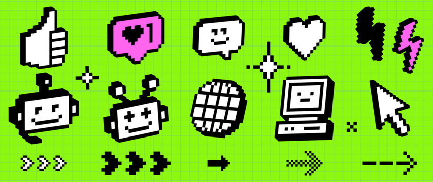 Retro pixel social media icons with likes, hearts, chat bubble, robots, globe, computer, cursor and digital vector elements. Y2k cool tech stickers. Old school digital icon pack