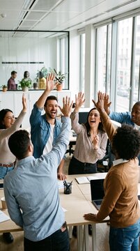Happy Diverse Business Team Giving High Fives to Celebrate Teamwork in a Modern Office