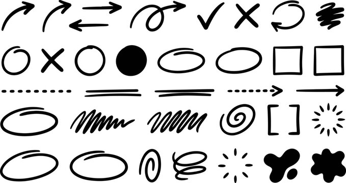 Set of hand drawn black vector arrows, sketched doodle circles, marker signs, and rough scribble lines for visual presentation designs.