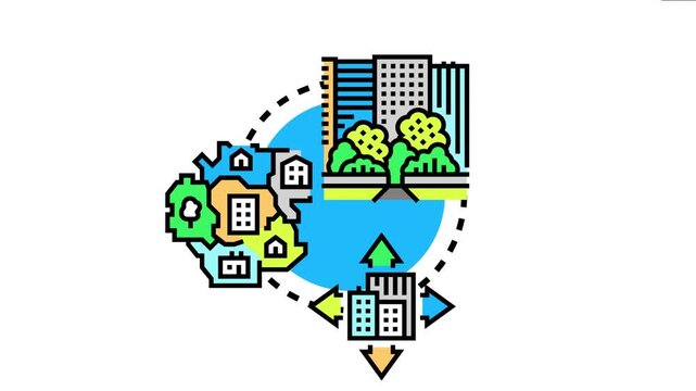 City development planning icon long term urban strategy, infrastructure growth, and community expansion across different districts with housing and commercial buildings