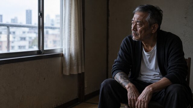 Aging Former Japanese Gangster Sitting Alone by Window with Traditional Tattoo