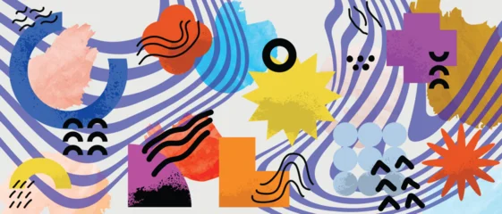 Fotobehang Sportwinkel Abstract geometric vector background with bold shapes, striped waves, sunbursts and playful Memphis inspired elements. Colorful modern banner design  © TWINS DESIGN STUDIO