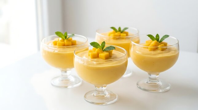 Four glass bowls of creamy mango mousse dessert topped with fresh mango pieces and green mint leaves/Mango Mousse Recipe