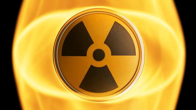 Radioactive hazard symbol glowing bright yellow with fierce fire flames background representing nuclear power plant energy and disaster danger